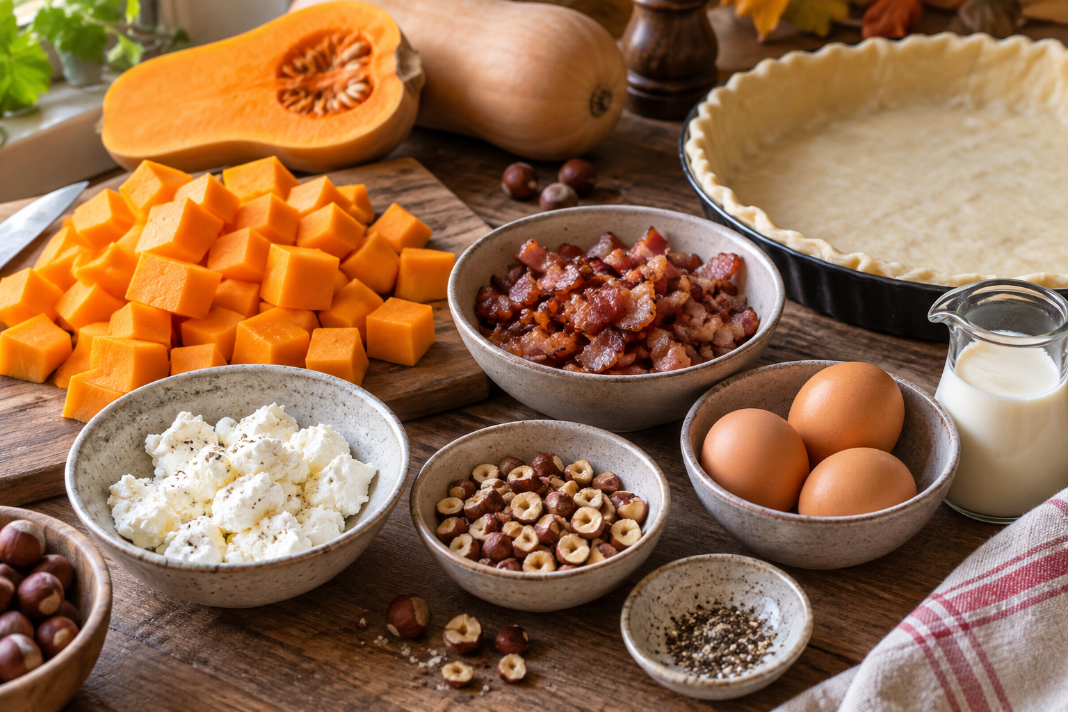 Ingrédients pour préparer une tarte à la courge butternut, au chèvre, aux lardons et aux noisettes