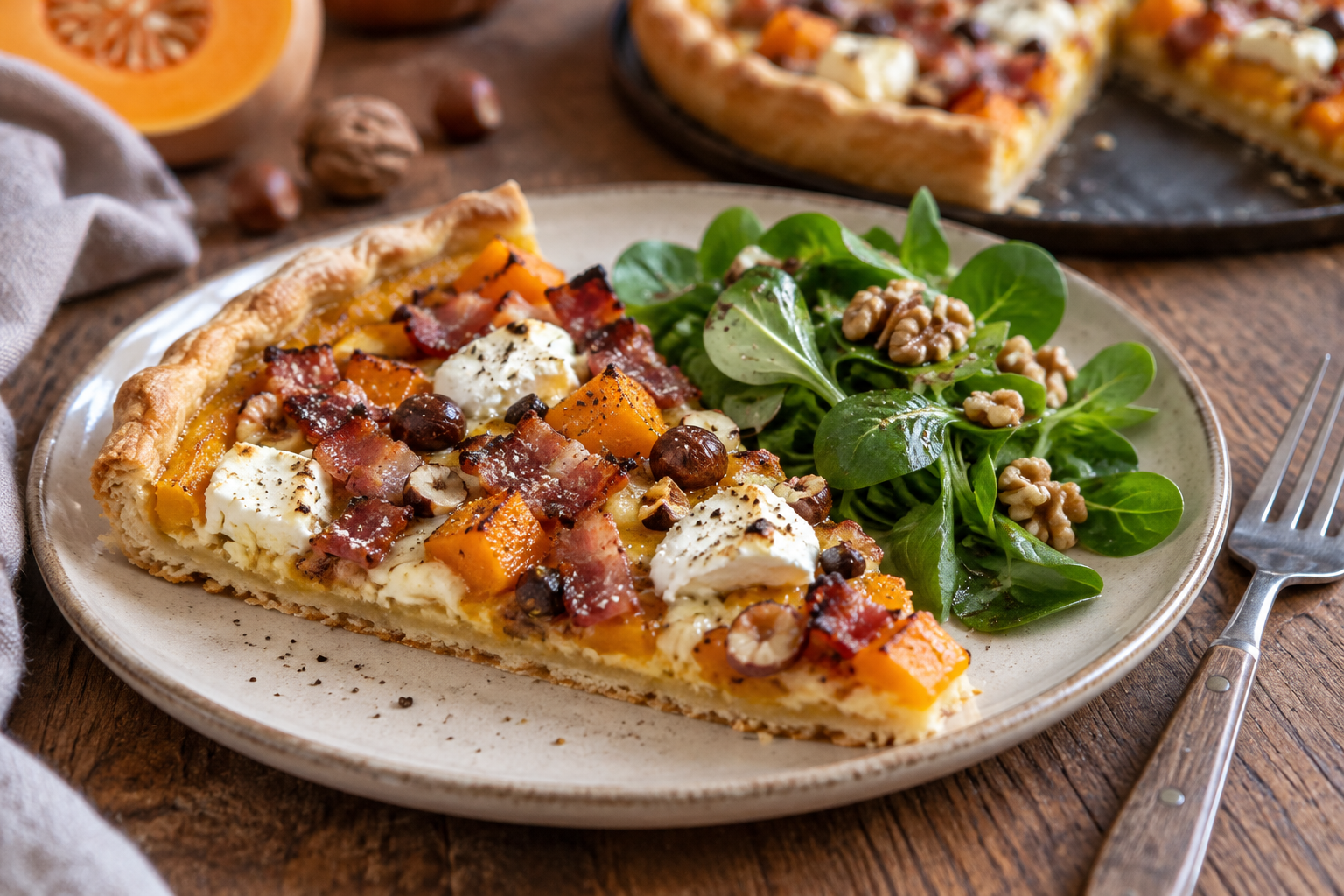 Part de tarte butternut, chèvre, lardons et noisettes accompagnée d’une salade de mâche