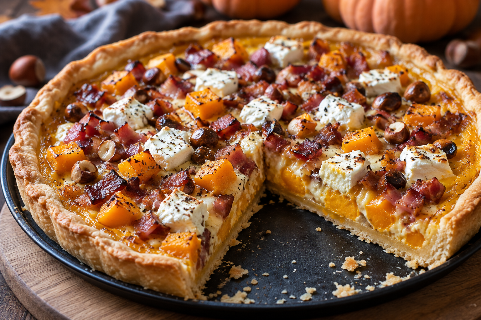 Tarte d’automne à la courge butternut, au chèvre, aux lardons et aux noisettes découpée